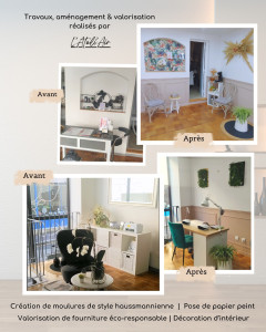 Photo de galerie - J'ai réaliser des moulures et créé une ambiance chaleureuse avec des couleurs poudrés et reposantes représentatif de la marque. Les éléments décoratifs sont issus du marché circulaire et ont été valorisés.