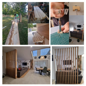 Photo de galerie - Réalisation et pose d'un claustra en frêne de pays. De la planche brute au résultat final. Lames orientables, finition Rubio.