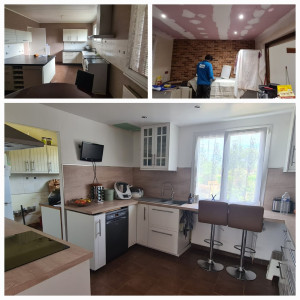 Photo de galerie - Rénovation complète d'une cuisine: cloison de séparation en plaques de plâtre, enduit, peinture, plomberie, faux plafond, spots encastrés, montage meubles, découpe et pose crédence et plan de travail