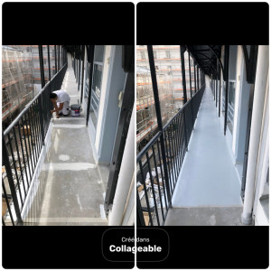 Photo de galerie - Avant / Après – Rénovation de passerelle Préparation, rebouchage et peinture de sol antidérapante gris clair. Résultat propre, durable et soigné ? Paris – MediPro Bâtiment