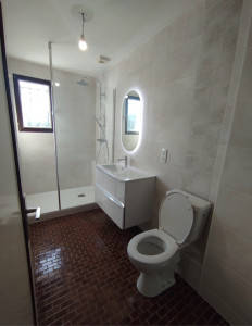 Photo de galerie - Mise en place d’un WC, installation de la vasque et du miroir, raccordement des appareils sanitaires (douche, mitigeur, wc)