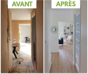 Photo de galerie - Rénovation d’un appartement complet, cloison en briques démolie , changement de portes, peintures, plus parquets et réalisation mural casier en bois 