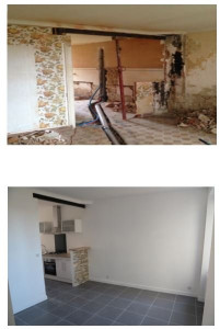 Photo de galerie - Rénovation cuisine. Ouverture cloison, création réseaux evacuation alimentation eau éléctricité, carrelage, pose cuisine, peinture.