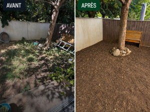 Photo de galerie - Débarras et nettoyage du terrain : désherbage, débroussaillage, nettoyage de la zone et évacuation des déchets verts.