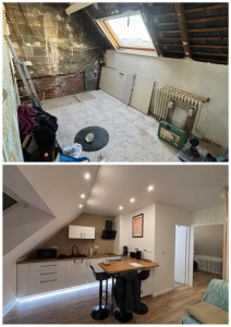 Photo de galerie - Rénovation d’un studio à Nantes : démolition du doublage en brique, abattage d’une cloison brique, ouverture d’une verrière, pose du parquet, installation d’un ruban led