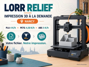 Photo de galerie - Visuel d’illustration de l’offre Lorr Relief : impression 3D à la demande à Nancy. PLA 4 €/h, PETG 4,50 €/h et ABS 5 €/h, sans minimum et au prorata.