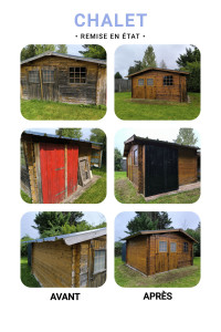 Photo de galerie - Remise en état d'un chalet.
• Nettoyage à l'acide pour éliminer les champignons et blanchir le bois.
• Ponçage
• Changement cadres de fenêtres de l'entrée.
• Finition Lazure.