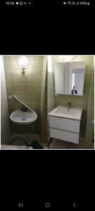Photo de galerie - Changement de lavabo 
installation vasque sur meuble et son miroir