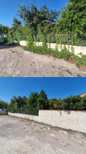 Photo de galerie - Débroussaillage et nettoyage complet d'une copropriété : suppression des mauvaises herbes, dégagement des bordures, nettoyage des abords des murs et des clôtures.