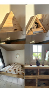 Photo de galerie - Meuble mural sur mesure  pour box avec goulotte passe câble. Lit effet flottant avec tablette de nuit et led. Cage à lapin sur mesure en pin avec planche de frêne brut retravaillée.