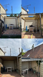 Photo de galerie - Pose d’une charpente et d’une toiture en bac acier de 2 gouttières en pvc en d’un récupérateur d’eau 