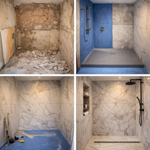 Photo de galerie - Voici une salle de bain à l’italienne rénovée par la Société C.M.R ! N’hésitez pas à nous contacter nos conseiller sont à votre disposition pour vous accompagner dans vos futur projet. ( Devis Gratuit )