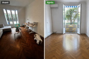 Photo de galerie - Ponçage + vitrification d'un parquet en chêne massif . (Avant / Après)