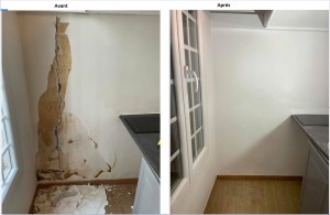 Photo de galerie - Etat du mur avant et après la réparation (profondes fissures, bande armé, enduit ,sous couche, finition , peinture ..)