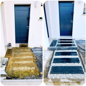 Photo de galerie - Aménagement d'une entrée en palis d'ardoise avec gravier blanc.