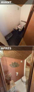 Photo de galerie - Rénovation complète WC : remplacement du WC, peinture sol et murs (dont mur terracotta), installation luminaire et accessoires. Résultat propre, moderne et soigné.