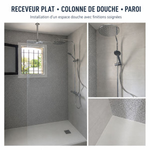 Photo de galerie - Installation d’un receveur plat, d’une colonne de douche et d’une paroi vitrée. Mise en eau, essais et contrôle d’étanchéité.
