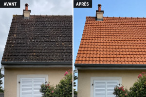 Photo de galerie - Nettoyage toiture, puis traitement hydrofuge avant après