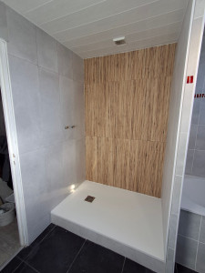 Photo de galerie - Carreau imitation bois sur le fond .
sur les côtés carreau 30x60 gris clair avec joints sable et gris perle 