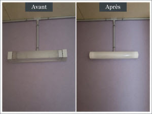 Photo de galerie - Remplacement d’un luminaire fluorescent défectueux par un luminaire LED neuf. Dépose de l’ancien équipement, installation, raccordement électrique et vérification du bon fonctionnement.