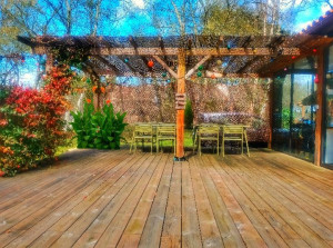 Photo de galerie - Création terrasse et pergola en pin. plantation de cana et jasmin sur toit canisse.