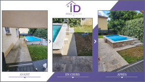 Photo de galerie - Habillage sols et piscine en travertin (pierre naturel) avec création d'une dalle et de caisson en béton sur la tuyauterie.