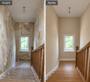 Photo de galerie - Rénovation d'une cage d'escalier très délabrée.
- Ratissage complet des murs à l'enduit garnissant en 3 couches de finition et mise en peinture avec une impression et deux couches de finition teinté.
- pose collé de lame parquet sur les marches.