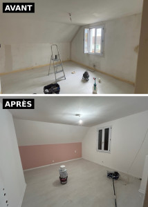 Photo de galerie - Ratissage de murs, peinture mur et plafond, pose de papier peint tête de lit 