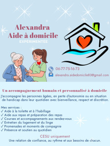 Photo de galerie - Aide à domicile expérimentée, je vous accompagne au quotidien : aide à la toilette, ménage, préparation des repas, courses, accompagnement et soutien dans les gestes de la vie quotidienne. Sérieuse, discrète et à l'écoute.
