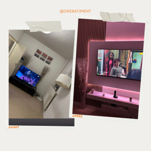 Photo de galerie - Création d’un mur TV sur mesure : préparation des murs, réalisation des travaux et installation pour un rendu propre, moderne et harmonieux. 