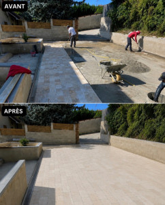 Photo de galerie - Transformation complète d'un espace extérieur avec préparation du support, pose de carrelage et finitions soignées. Un résultat moderne, propre et durable. Devis gratuit, travail de qualité et intervention en Seine-et-Marne (77) et dans toute l'Île-de-Fra