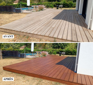 Photo de galerie - Passage d'un saturateur en 2 couches sur terrasse de 75m2. 
10h de travail / 20€/h. Pensez à protéger vos terrasses en bois ! ...