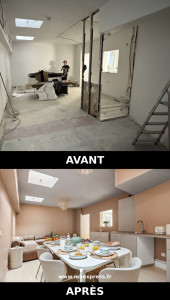 Photo de galerie - Création d’un espace ouvert avec cuisine, salle à manger et salon : pose des cloisons, installation de la cuisine, peinture, éclairage et revêtement de sol.
