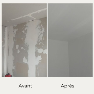 Photo de galerie - Suite à une mauvaise pose de placo et aux importants défauts occasionnées, reprise des bandes joints de placo et ratissage complet sur murs et plafonds avant mise en peinture.