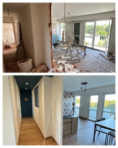 Photo de galerie - Rénovation totale d’un salon/salle à manger avec dépose de cloison, reprise des murs et sols, création d’un espace ouvert moderne et lumineux.
Réalisation des peinture, pose de parquet, et finitions. 