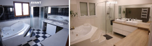 Photo de galerie - Rénovation salle de bain - douche à l'italienne - béton minéral pour recouvrir le carrelage mural - Plomberie - Installation meuble