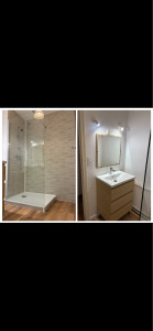 Photo de galerie - Installation d’un bac à douche 80x100, de la paroi vitrée, d’un meuble et sa robinetterie, et du revêtement pvc mural 