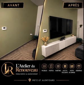 Photo de galerie - Installation d’un meuble TV moderne et aménagement d’un espace salon élégant et fonctionnel.