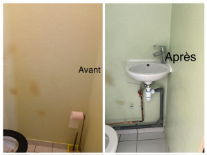 Photo de galerie - Fixation d’un lave -Main aux toilettes.