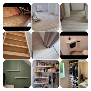 Photo de galerie - Plancher osb
parquet avec isolant
étagères
dressing
raccordement d'un lave main
vernis escalier 