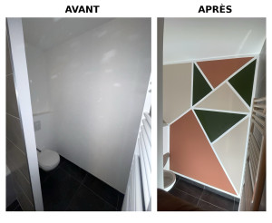 Photo de galerie - Avant / Après d’un mur de WC. Réalisation d’une peinture décorative géométrique avec plusieurs teintes et finitions soignées pour moderniser la pièce. Travail propre et précis. 