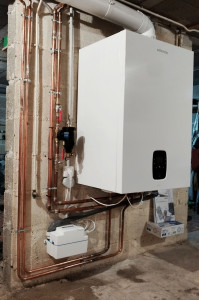 Photo de galerie - Installation d'une chaudière à condensation Atlantic Namea duo 25.
Réfection complète des tuyauteries et pose d'une pompe de relevage SFA spéciale condensat.