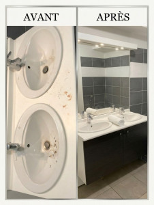 Photo de galerie - Nettoyage approfondi de salle de bain : lavabos, robinetterie et surfaces, avec un résultat propre et soigné. BLKS31 - Toulouse et alentours.