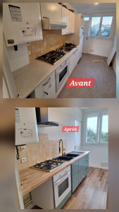 Photo de galerie - Installation Cuisine, pose parquet, peinture et rattrappage d'enduit