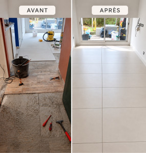 Photo de galerie - Pose de carreaux 120x0,60cm sur ancien carrelage 