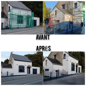 Photo de galerie - Rafraîchissement d'une façade
Nettoyage haute pression, réparation de fissures et application de deux couches de peinture blanche avec soubassement et contours des fenêtres gris anthracite. 