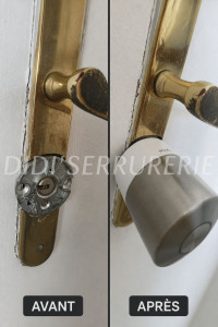 Photo de galerie - Installation et configuration d’une serrure connectée Nuki, avec adaptation de la garniture existante. Une solution pratique pour ouvrir et sécuriser sa porte directement depuis son smartphone.