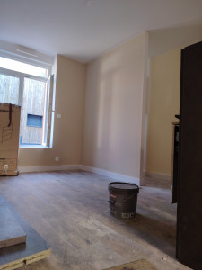 Photo de galerie - Pose d'un parquet pvc clipsable, cloisons de séparation, pose d'une peinture taupe 