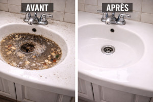 Photo de galerie - Vant / Après – Nettoyage, désinfection et débouchage d’un lavabo obstrué