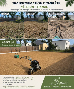 Photo de galerie - Remise au propre terrain 250m2
Nettoyage, bordures 
désherbage,
Motoculteur,
Nivellement & rouleau
Engrais spécial Gazon 

